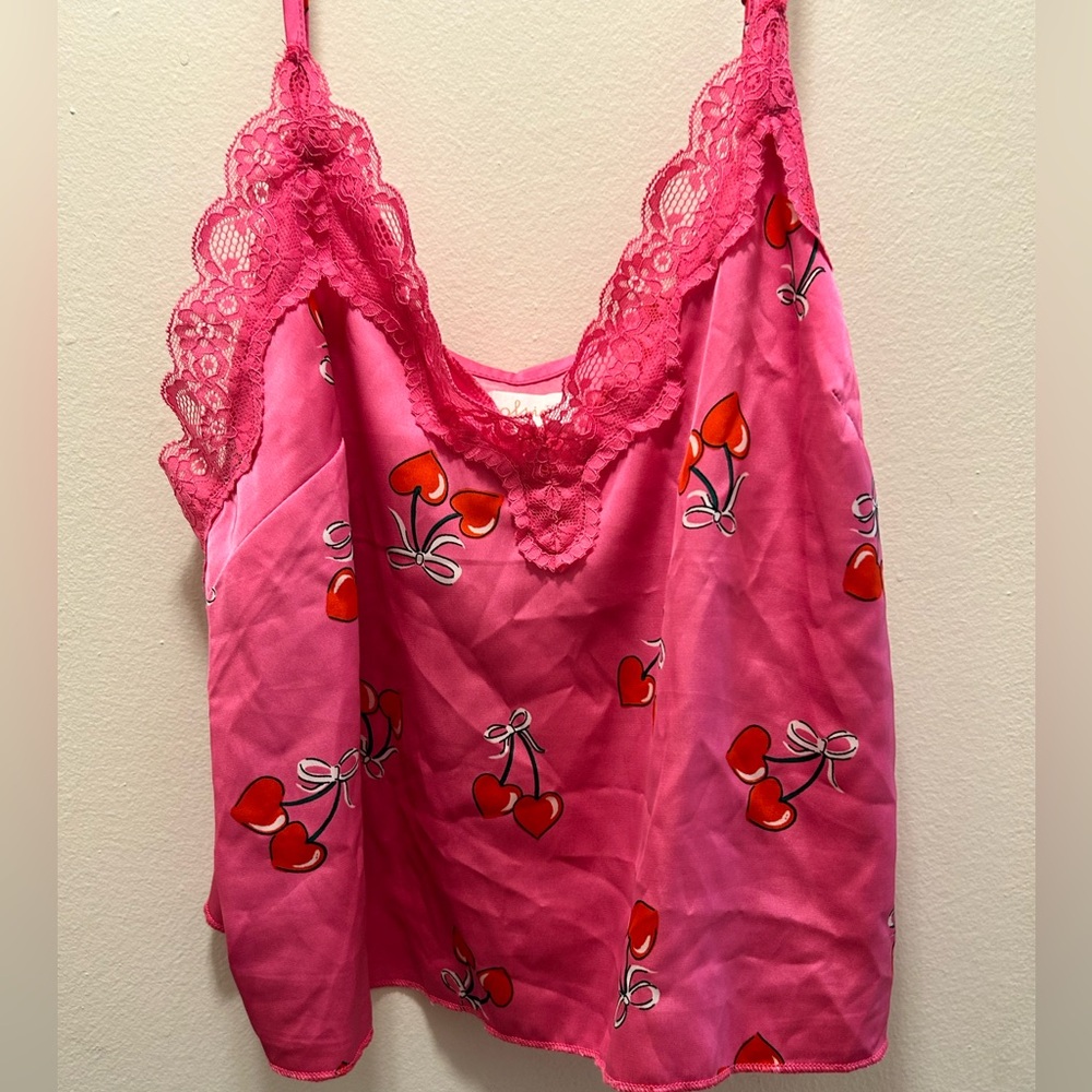 Pink Lace Trim Camisole with Cherry Hearts